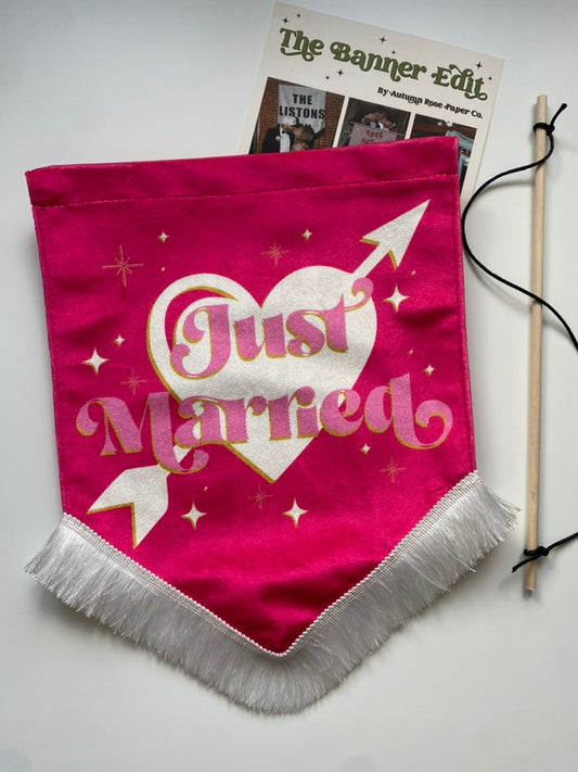 Just Married | pink wedding banner