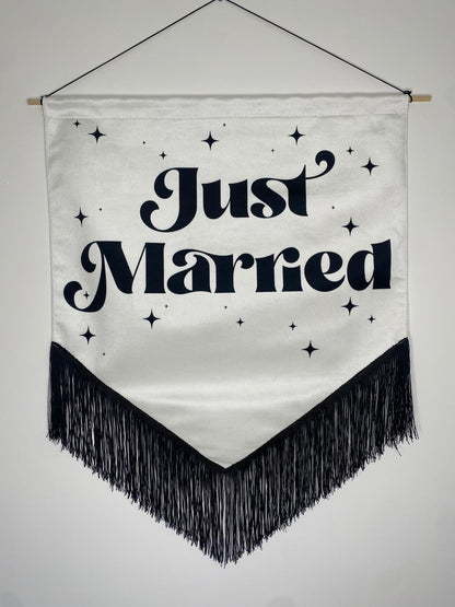 Just Married | black and white Wedding Velvet Banner
