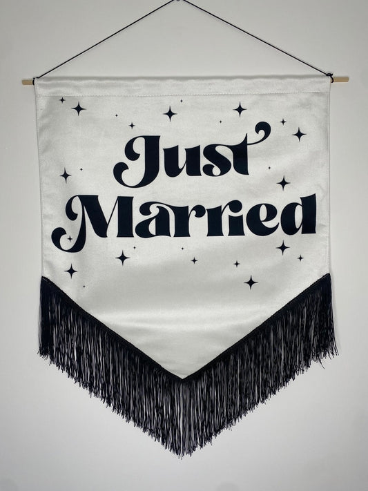 Just Married | black and white Wedding Velvet Banner