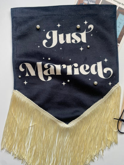 Just Married | Black, oyster and pearl wedding banner