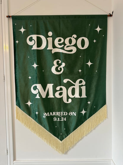 Custom velvet wedding banner, Personalized wedding decor, Luxury wedding banner, Velvet wedding sign, Elegant wedding decoration, Custom wedding signage, Velvet ceremony banner, Wedding name banner, Romantic wedding decor, Personalized wedding banner, Customized velvet sign, Wedding aisle banner, Sophisticated wedding decor, Premium velvet banner, Wedding reception sign.