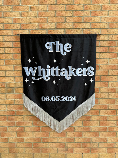Custom velvet wedding banner, Personalized wedding decor, Luxury wedding banner, Velvet wedding sign, Elegant wedding decoration, Custom wedding signage, Velvet ceremony banner, Wedding name banner, Romantic wedding decor, Personalized wedding banner, Customized velvet sign, Wedding aisle banner, Sophisticated wedding decor, Premium velvet banner, Wedding reception sign.