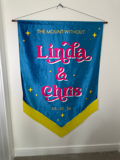 Custom velvet wedding banner, Personalized wedding decor, Luxury wedding banner, Velvet wedding sign, Elegant wedding decoration, Custom wedding signage, Velvet ceremony banner, Wedding name banner, Romantic wedding decor, Personalized wedding banner, Customized velvet sign, Wedding aisle banner, Sophisticated wedding decor, Premium velvet banner, Wedding reception sign.