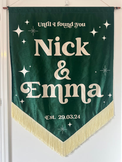 Custom velvet wedding banner, Personalized wedding decor, Luxury wedding banner, Velvet wedding sign, Elegant wedding decoration, Custom wedding signage, Velvet ceremony banner, Wedding name banner, Romantic wedding decor, Personalized wedding banner, Customized velvet sign, Wedding aisle banner, Sophisticated wedding decor, Premium velvet banner, Wedding reception sign.