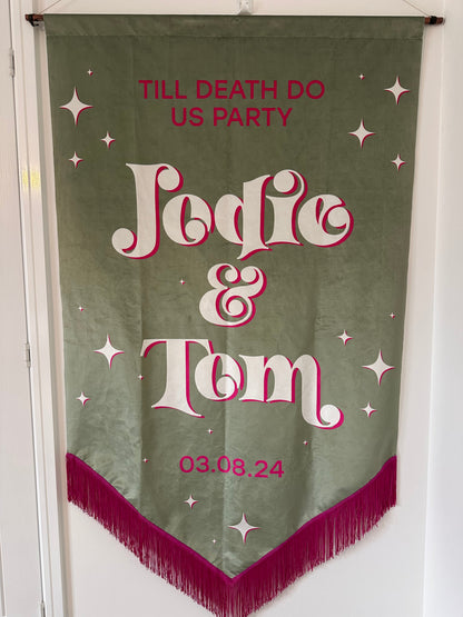 Custom velvet wedding banner, Personalized wedding decor, Luxury wedding banner, Velvet wedding sign, Elegant wedding decoration, Custom wedding signage, Velvet ceremony banner, Wedding name banner, Romantic wedding decor, Personalized wedding banner, Customized velvet sign, Wedding aisle banner, Sophisticated wedding decor, Premium velvet banner, Wedding reception sign.