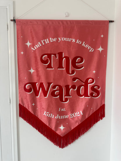 Custom velvet wedding banner, Personalized wedding decor, Luxury wedding banner, Velvet wedding sign, Elegant wedding decoration, Custom wedding signage, Velvet ceremony banner, Wedding name banner, Romantic wedding decor, Personalized wedding banner, Customized velvet sign, Wedding aisle banner, Sophisticated wedding decor, Premium velvet banner, Wedding reception sign.